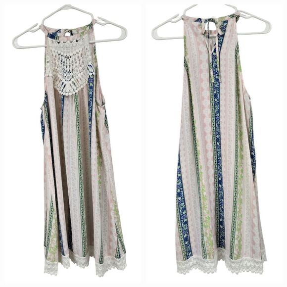 Mistic Prysm by Listicle Crochet Lace Trapeze Dress Wide Stripe Chiffon Shift - Picture 3 of 9